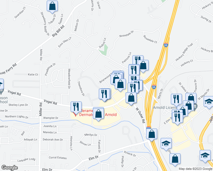 map of restaurants, bars, coffee shops, grocery stores, and more near 2033 Essex Drive in Arnold