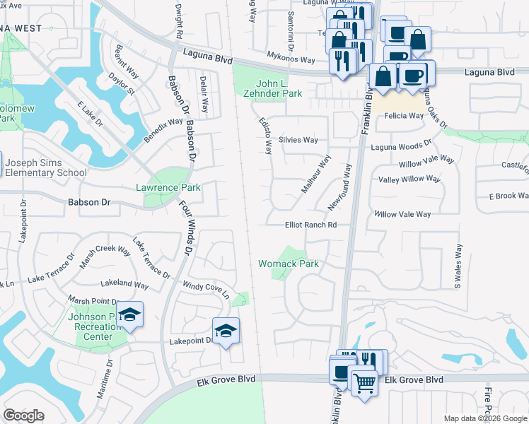 map of restaurants, bars, coffee shops, grocery stores, and more near 4303 Elliot Ranch Road in Elk Grove