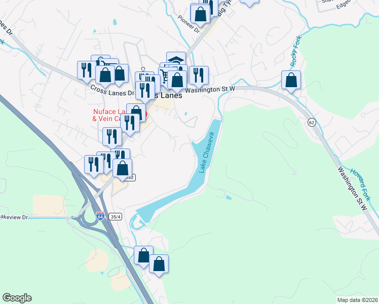 map of restaurants, bars, coffee shops, grocery stores, and more near 135 Lake Shore Drive in Cross Lanes