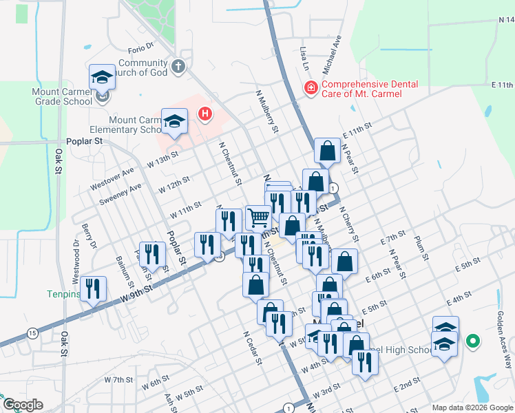 map of restaurants, bars, coffee shops, grocery stores, and more near 1001 North Chestnut Street in Mount Carmel
