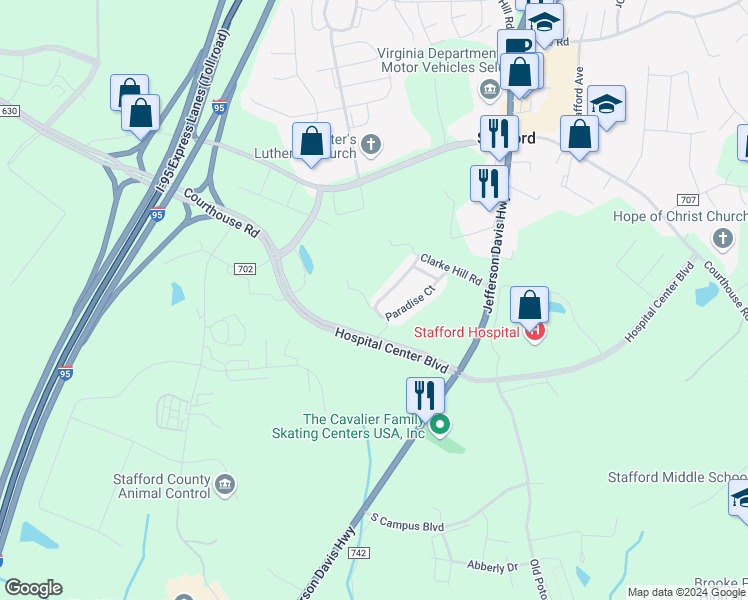 map of restaurants, bars, coffee shops, grocery stores, and more near 58 Paradise Court in Stafford
