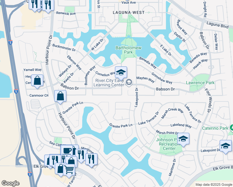map of restaurants, bars, coffee shops, grocery stores, and more near 9347 Marlemont Circle in Elk Grove