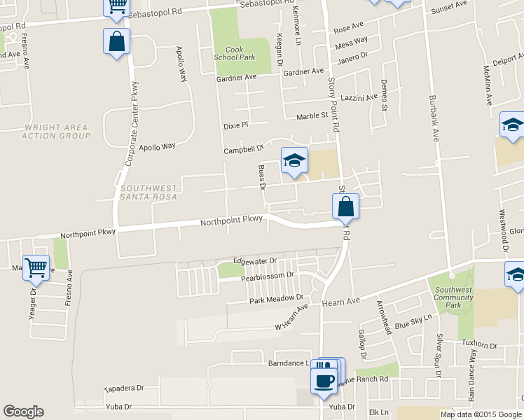 map of restaurants, bars, coffee shops, grocery stores, and more near 2659 Buss Drive in Santa Rosa