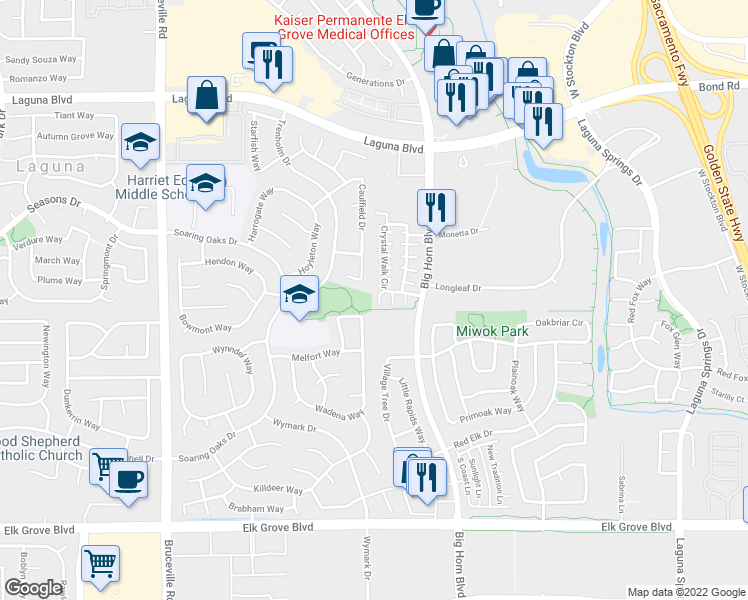 map of restaurants, bars, coffee shops, grocery stores, and more near 8178 Crystal Walk Circle in Elk Grove