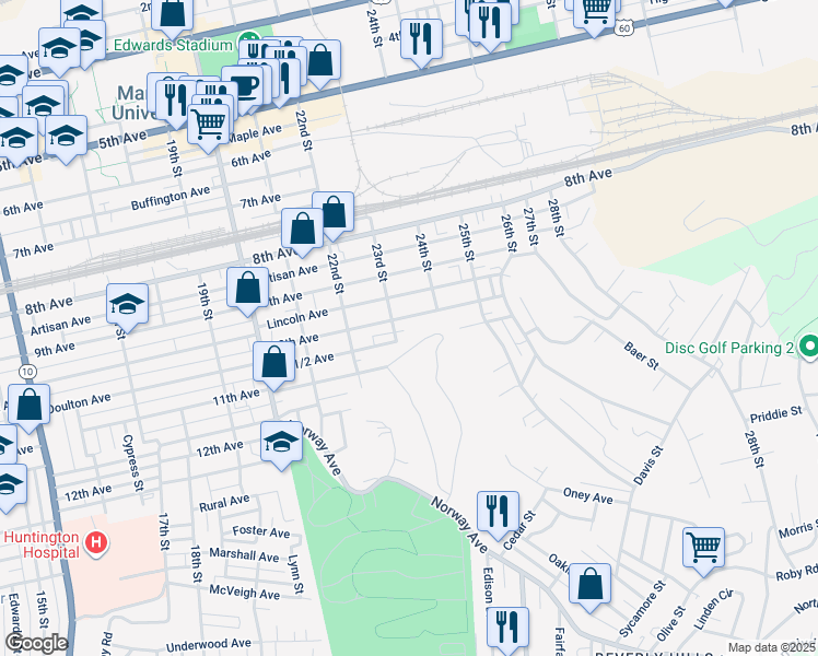 map of restaurants, bars, coffee shops, grocery stores, and more near Huntington State Hospital Road in Huntington