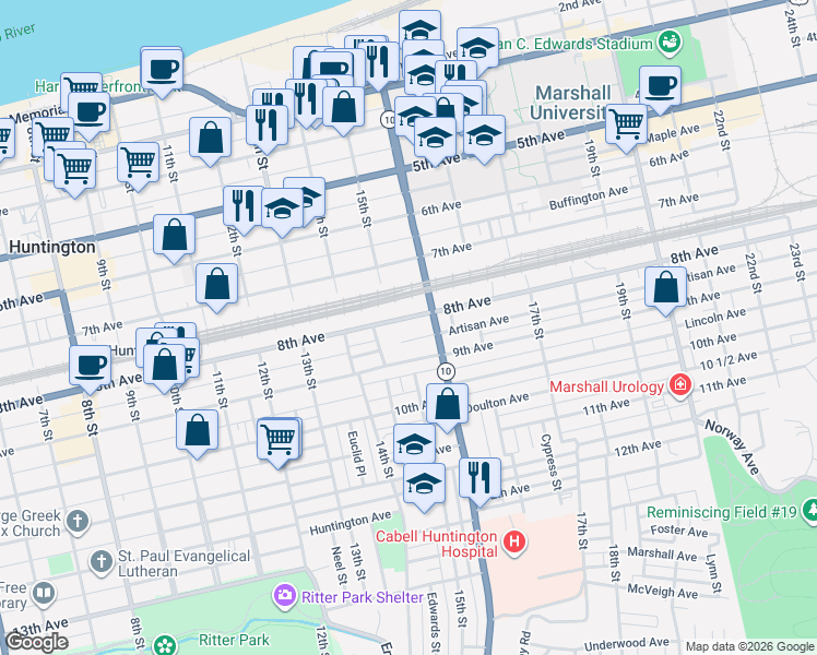 map of restaurants, bars, coffee shops, grocery stores, and more near 1533 8th Ave in Huntington