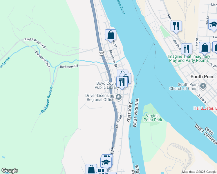 map of restaurants, bars, coffee shops, grocery stores, and more near Huckleberry Rd1 in Catlettsburg