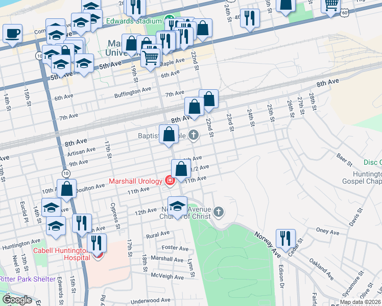 map of restaurants, bars, coffee shops, grocery stores, and more near 927 21st Street in Huntington