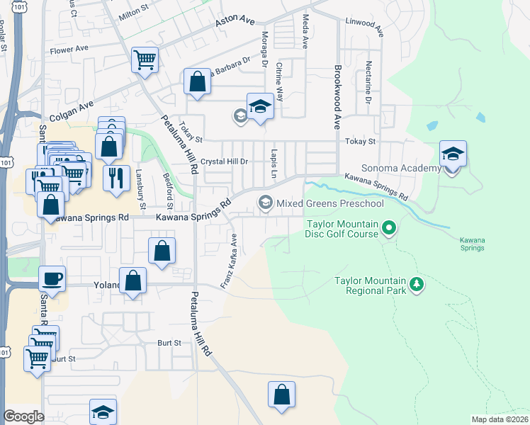 map of restaurants, bars, coffee shops, grocery stores, and more near 1321 Lia Lane in Santa Rosa