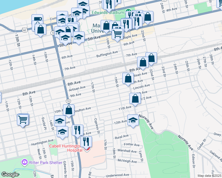map of restaurants, bars, coffee shops, grocery stores, and more near 1817 9th Avenue in Huntington