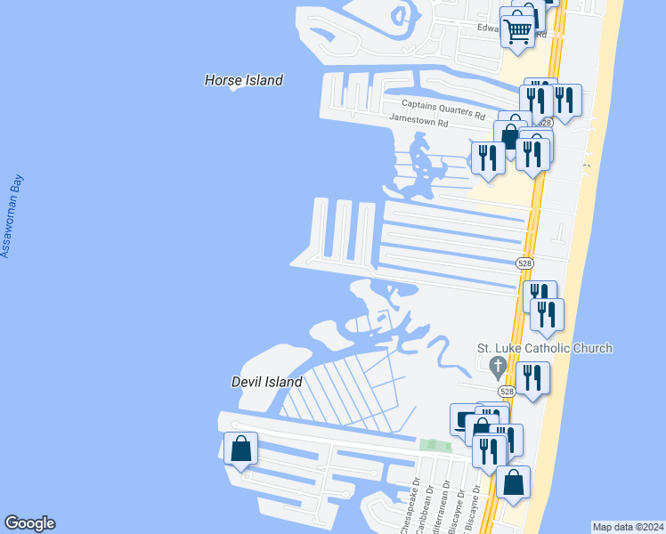 map of restaurants, bars, coffee shops, grocery stores, and more near 10600 Pine Needle Road in Ocean City