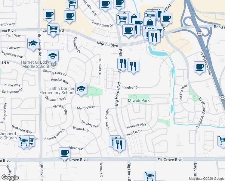 map of restaurants, bars, coffee shops, grocery stores, and more near 8108 Crystal Walk Circle in Elk Grove