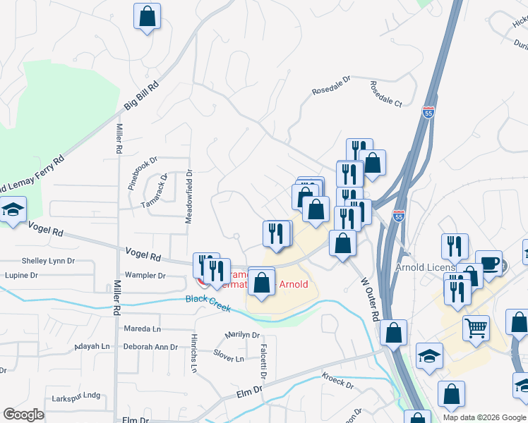 map of restaurants, bars, coffee shops, grocery stores, and more near 2033 Essex Drive in Arnold