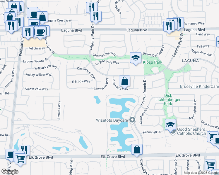 map of restaurants, bars, coffee shops, grocery stores, and more near 5822 Lawnview Way in Elk Grove