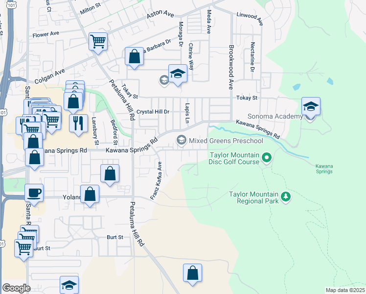map of restaurants, bars, coffee shops, grocery stores, and more near 1339 Lia Lane in Santa Rosa