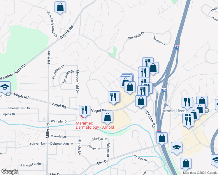 map of restaurants, bars, coffee shops, grocery stores, and more near 2033 Essex Drive in Arnold