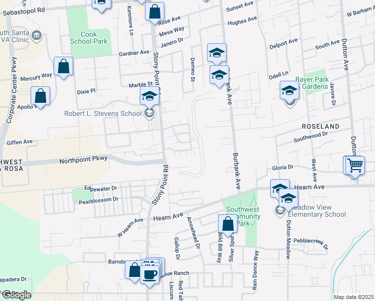 map of restaurants, bars, coffee shops, grocery stores, and more near 1438 Trombetta Street in Santa Rosa