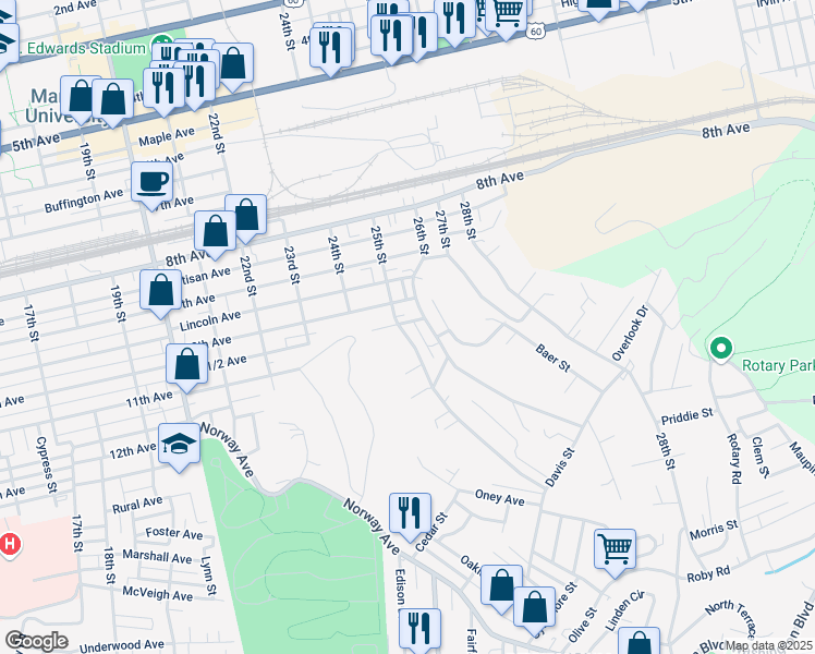 map of restaurants, bars, coffee shops, grocery stores, and more near 1029 25th Street in Huntington