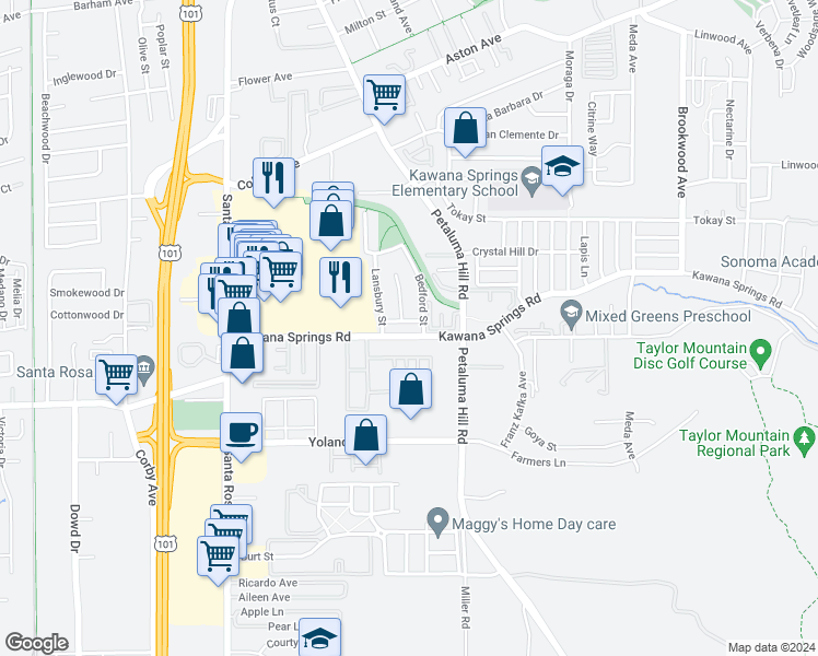 map of restaurants, bars, coffee shops, grocery stores, and more near 290 Compton Avenue in Santa Rosa