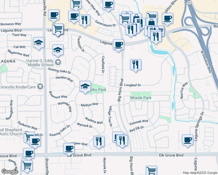 map of restaurants, bars, coffee shops, grocery stores, and more near 8164 Crystal Walk Circle in Elk Grove