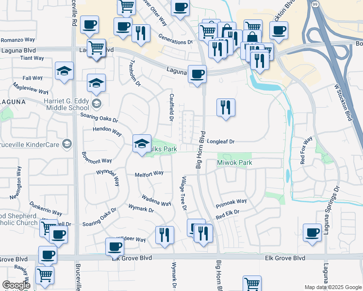 map of restaurants, bars, coffee shops, grocery stores, and more near 8160 Crystal Walk Circle in Elk Grove