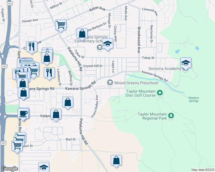 map of restaurants, bars, coffee shops, grocery stores, and more near Lia Lane in Santa Rosa