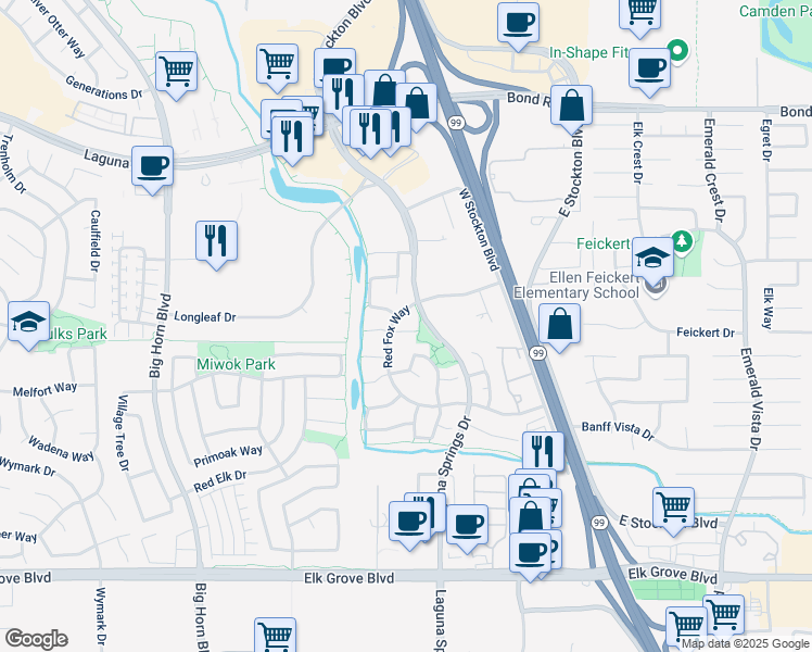 map of restaurants, bars, coffee shops, grocery stores, and more near 8350 Delta Sand Court in Elk Grove