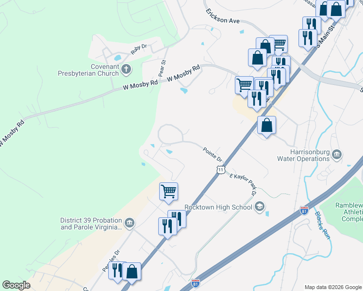 map of restaurants, bars, coffee shops, grocery stores, and more near 467 Pointe Drive in Harrisonburg