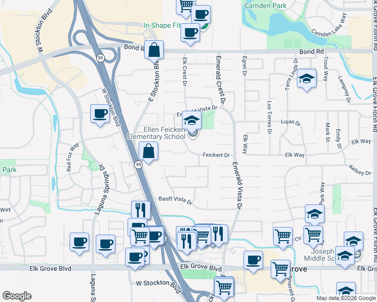 map of restaurants, bars, coffee shops, grocery stores, and more near 9366 Feickert Drive in Elk Grove