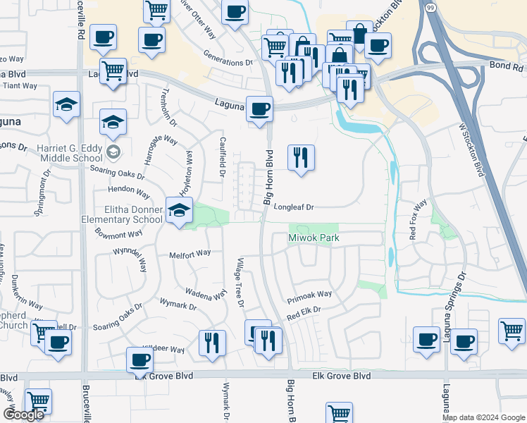 map of restaurants, bars, coffee shops, grocery stores, and more near 8108 Crystal Walk Circle in Elk Grove