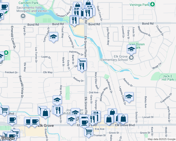 map of restaurants, bars, coffee shops, grocery stores, and more near 8903 La Haya Way in Elk Grove