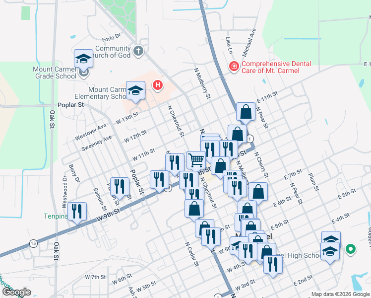 map of restaurants, bars, coffee shops, grocery stores, and more near 215 West 10th Street in Mount Carmel