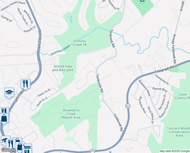 map of restaurants, bars, coffee shops, grocery stores, and more near 3431 Tenbrook Road in Arnold