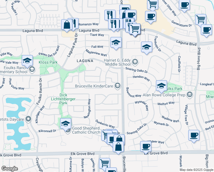 map of restaurants, bars, coffee shops, grocery stores, and more near 7100 Springmont Drive in Elk Grove