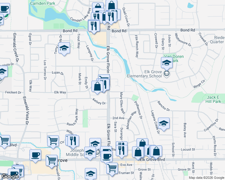 map of restaurants, bars, coffee shops, grocery stores, and more near 8904 La Haya Way in Elk Grove