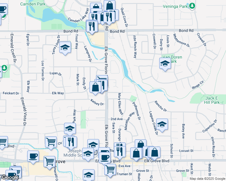 map of restaurants, bars, coffee shops, grocery stores, and more near 8911 La Haya Way in Elk Grove