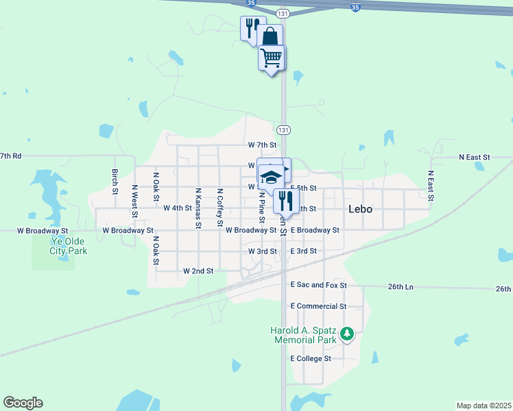 map of restaurants, bars, coffee shops, grocery stores, and more near 338 North Pine Street in Lebo