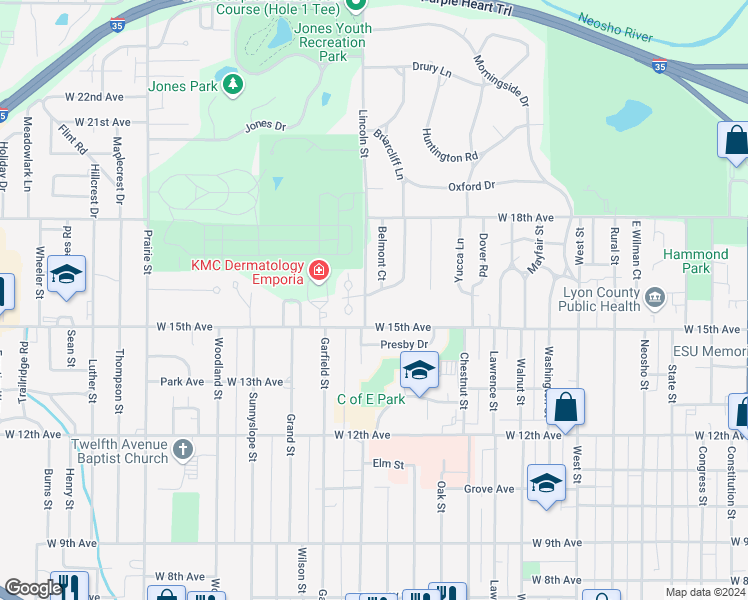 map of restaurants, bars, coffee shops, grocery stores, and more near 1702 Old Manor Road in Emporia
