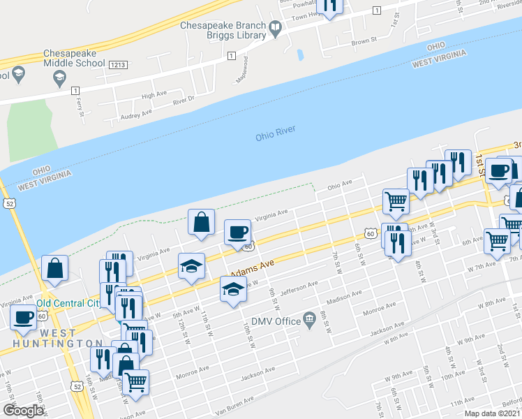 map of restaurants, bars, coffee shops, grocery stores, and more near 820 Virginia Avenue in Huntington