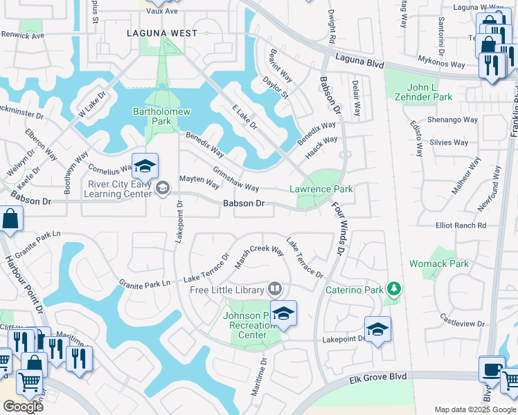 map of restaurants, bars, coffee shops, grocery stores, and more near 9425 Cedarview Way in Elk Grove
