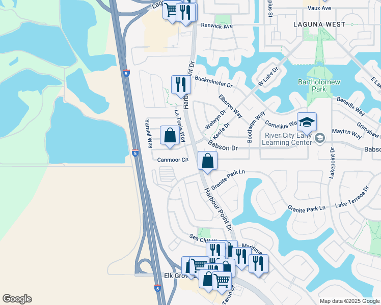 map of restaurants, bars, coffee shops, grocery stores, and more near 9400 Harbour Point Drive in Elk Grove