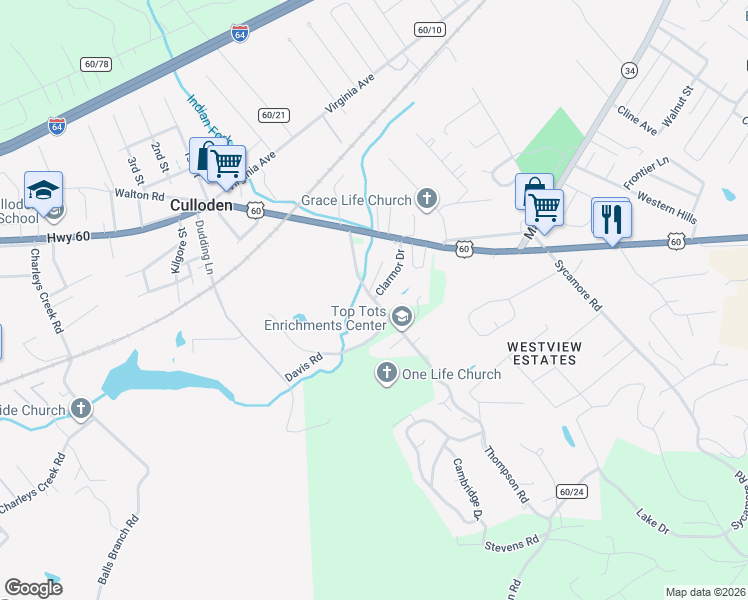 map of restaurants, bars, coffee shops, grocery stores, and more near 187 Thompson Road in Culloden