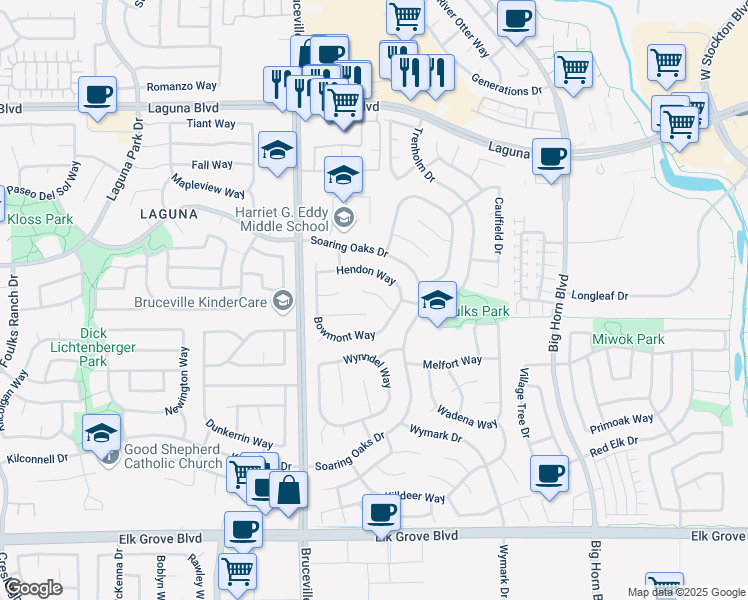 map of restaurants, bars, coffee shops, grocery stores, and more near 7524 Ryland Court in Elk Grove