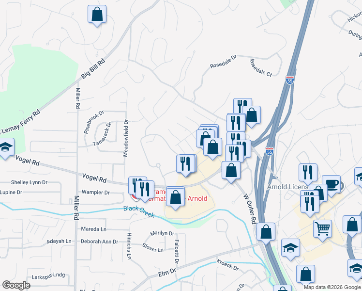 map of restaurants, bars, coffee shops, grocery stores, and more near 2033 Essex Drive in Arnold