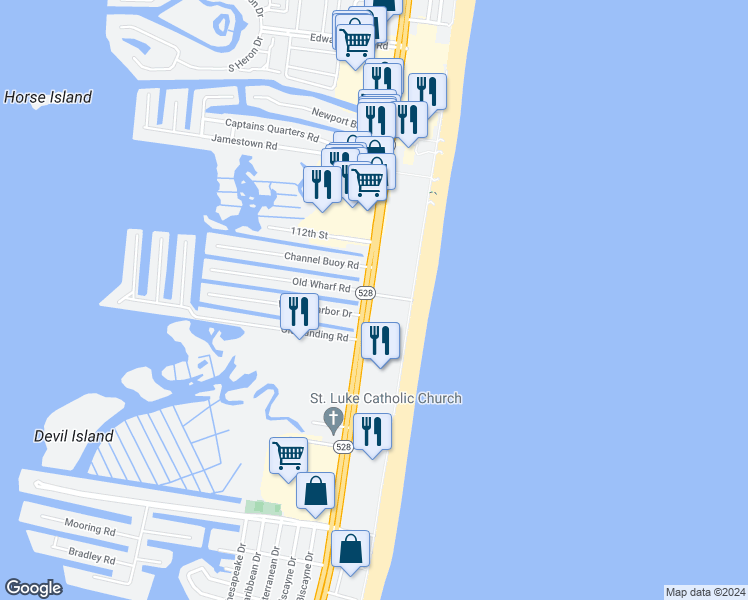 map of restaurants, bars, coffee shops, grocery stores, and more near 10900 Maryland 528 in Ocean City