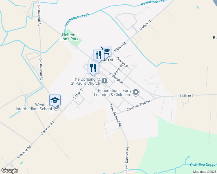 map of restaurants, bars, coffee shops, grocery stores, and more near 306 East Walnut Street in Hebron