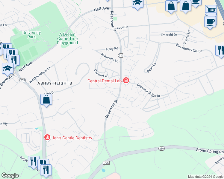 map of restaurants, bars, coffee shops, grocery stores, and more near 2470 Reservoir Street in Harrisonburg