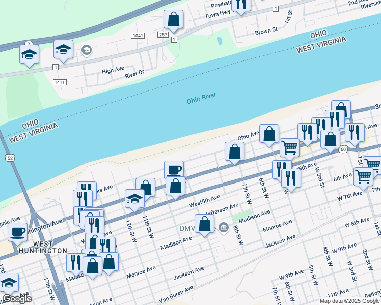 map of restaurants, bars, coffee shops, grocery stores, and more near 301 9th Street West in Huntington