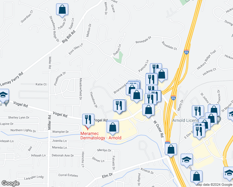 map of restaurants, bars, coffee shops, grocery stores, and more near 2033 Essex Drive in Arnold