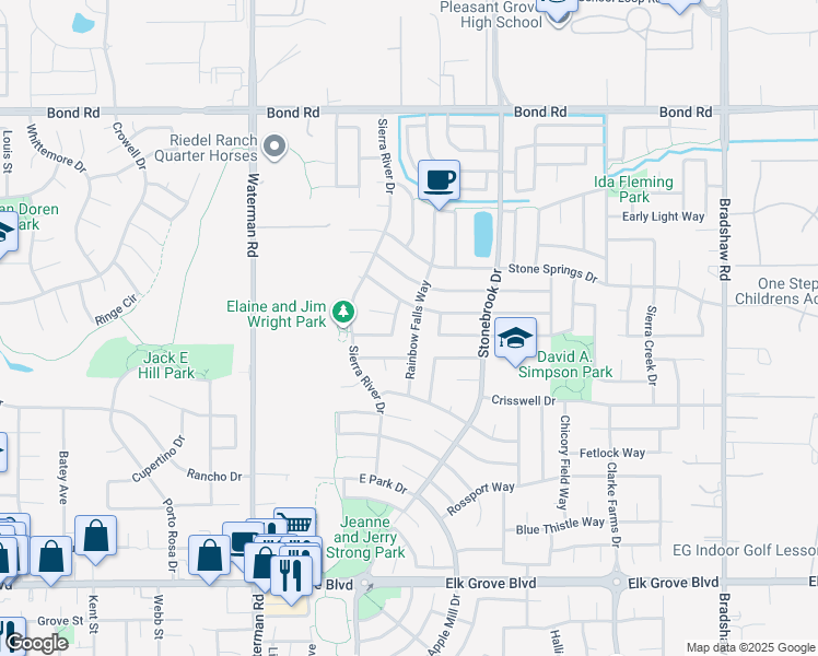 map of restaurants, bars, coffee shops, grocery stores, and more near 9394 Rainbow Falls Way in Elk Grove